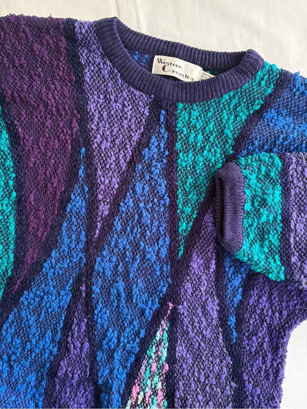 VTG 80s 90s Western Connection 3D Knit Sweater Unisex S Purple Coogi Cosby Style
